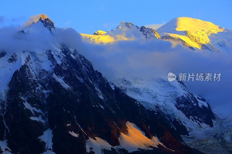 勃朗峰和Aiguille du Midi日落景观